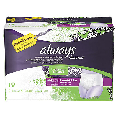 Always DISCREET INCONTINENCE UNDERWEAR, SMALL/MEDIUM, MAXIMUM ABSORBENCY, 19/PACK, 3 PACKS/CARTON (92735)