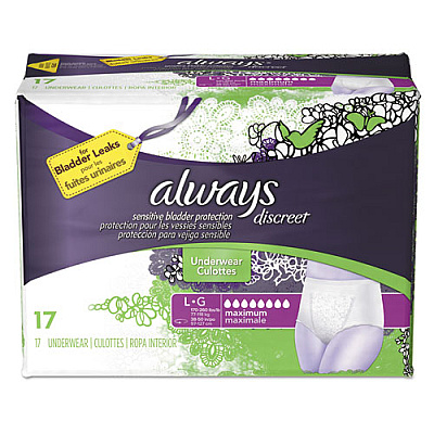 Always DISCREET INCONTINENCE UNDERWEAR, LARGE, MAXIMUM ABSORBENCY, 17/PACK, 3 PACKS/CARTON (92736)