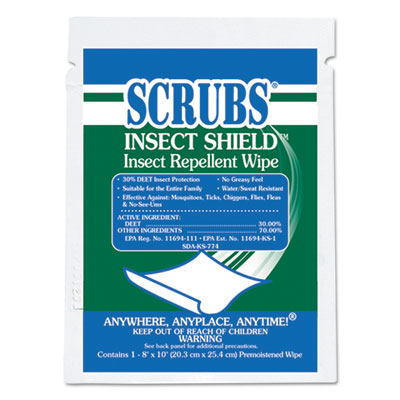 SCRUBS Insect Shield Insect Repellent Wipes, 8 x 10, 100/Carton (91401)