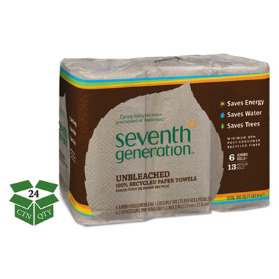 Seventh Generation Natural Unbleached 100% Recycled Paper Kitchen Towel Rolls, 2-Ply, 11 x 9, 120/Roll, 24 Rolls/Carton (13737)