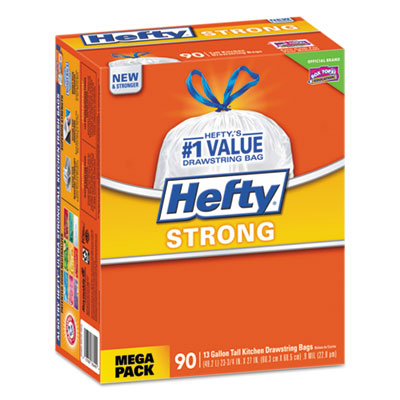 Hefty Strong Tall Kitchen Drawstring Bags, 13 gal, 0.9 mil, 23.75" x 27", White, 90/Box (E84574)