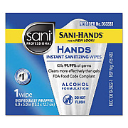 Sani Professional Hands Instant Sanitizing Wipes, Individually Wrapped Wipes, 1-Ply, 5 x 7.75, Unscented, White, 3,000 Packets/Carton (D33333)