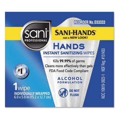 Sani Professional Hands Instant Sanitizing Wipes, Individually Wrapped Wipes, 1-Ply, 5 x 7.75, Unscented, White, 3,000 Packets/Carton (D33333)
