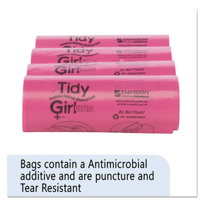 Tidy Girl Feminine Hygiene Sanitary Disposal Bags, 4" x 4" x 10", Pink/Black, 150 Bags/Roll, 4 Rolls/Carton (TGUF)