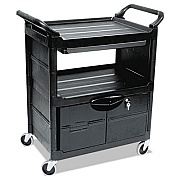 Rubbermaid Commercial Utility Cart with Locking Doors, Plastic, 3 Shelves, 200 lb Capacity, 33.63" x 18.63" x 37.75", Black (345700BLA)
