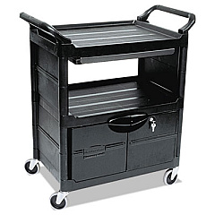 Rubbermaid Commercial Utility Cart with Locking Doors, Plastic, 3 Shelves, 200 lb Capacity, 33.63" x 18.63" x 37.75", Black (345700BLA)