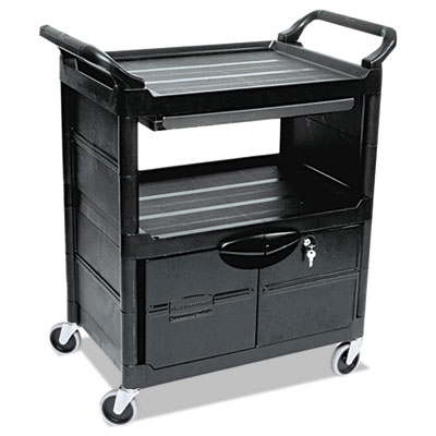 Rubbermaid Commercial Utility Cart with Locking Doors, Plastic, 3 Shelves, 200 lb Capacity, 33.63" x 18.63" x 37.75", Black (345700BLA)