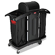Rubbermaid Commercial High-Security Housekeeping Cart, Plastic, 3 Shelves, 2 Bins, 22" x 51.75" x 53.5", Black/Silver (9T78)