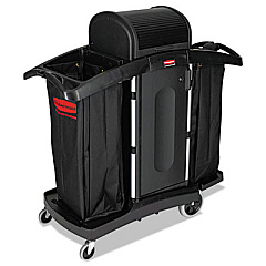 Rubbermaid Commercial High-Security Housekeeping Cart, Plastic, 3 Shelves, 2 Bins, 22" x 51.75" x 53.5", Black/Silver (9T78)