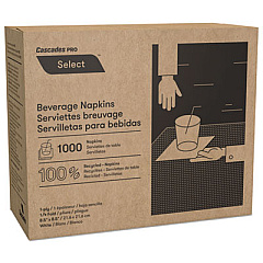 Cascades PRO Select Beverage Napkins, 1 Ply, 8.5 x 8.5, White, 1,000/Pack, 4,000 Packs/Carton (N010)