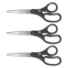 Westcott KleenEarth Basic Plastic Handle Scissors, 8" Long, 3.25" Cut Length, Black Straight Handles, 3/Pack (15585)