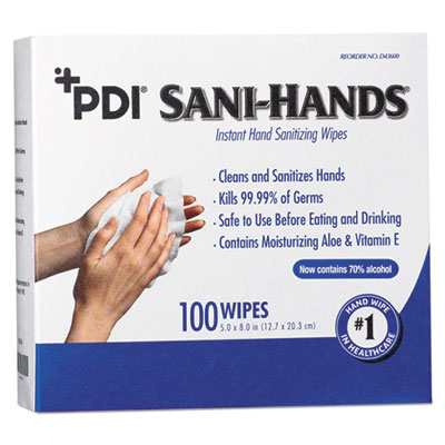 Sani Professional PDI Sani-Hands Instant Hand Sanitizing Wipes, 1-Ply, 8 x 5, White, 1,000/Carton (D43600)