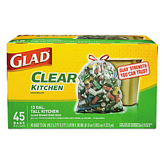 Glad Recycling Tall Kitchen Drawstring Trash Bags, 13 gal, 0.9 mil, 24" x 27.38", Clear, 45/Box (78543)