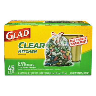 Glad Recycling Tall Kitchen Drawstring Trash Bags, 13 gal, 0.9 mil, 24" x 27.38", Clear, 45/Box (78543)