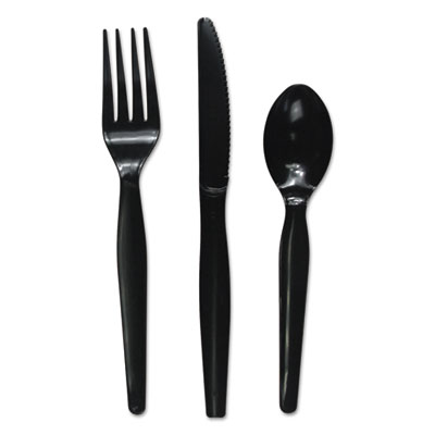 Boardwalk Three-Piece Cutlery Kit, Fork/Knife/Teaspoon, Heavyweight, Black, 250/Carton (BWKFKTHWPSBLA)