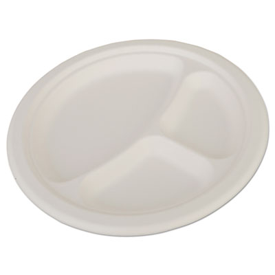 SCT ChampWare Heavyweight Bagasse Dinnerware, Plate, 3-Compartment, 10" dia, White, 500/Carton (18163)