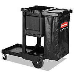 Rubbermaid Commercial Executive Janitorial Cleaning Cart, Plastic, 4 Shelves, 1 Bin, 21.75" x 46" x 38.38", Black (1861430)