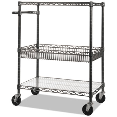 Alera Three-Tier Wire Cart with Basket, 34w x 18d x 40h, Black Anthracite (ALESW543018BA)