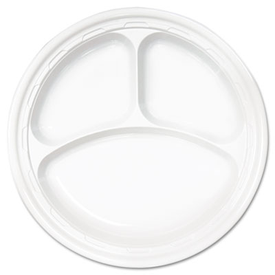 Dart Famous Service Plastic Dinnerware, Plate, 3-Compartment, 10.25" dia, White, 125/Pack, 4 Packs/Carton (10CPWF)