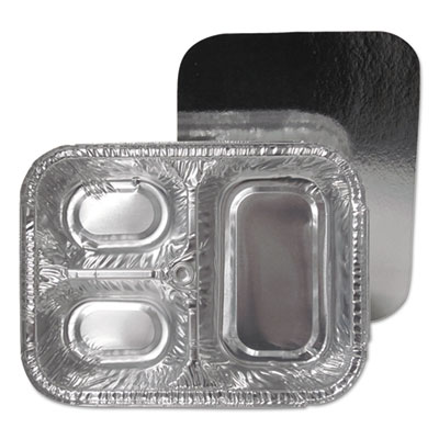 Durable Packaging 3-Compartment Oblong Aluminum Foil Container with Board Lid, 23 oz, 8.5 x 6.38 x 1.72, Silver, 250/Carton (21035L250)
