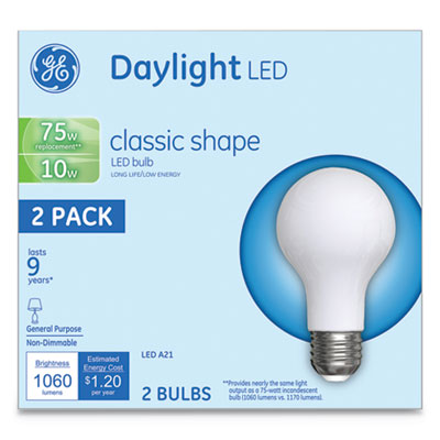 GE LED Classic Daylight A21 Light Bulb, 10 W, 2/Pack (31181)