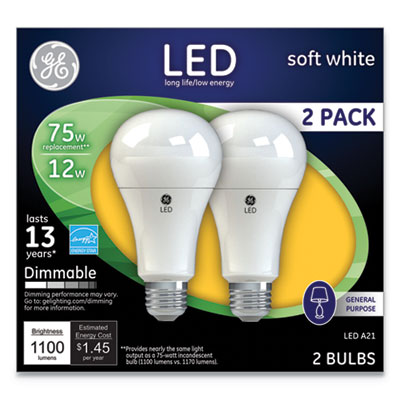 GE LED SOFT WHITE A21 DIMMABLE LIGHT BULB, 12 W, 2/PACK (65943)