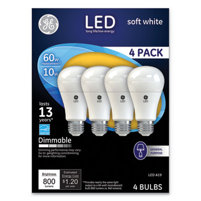 GE LED SW A19 Dimmable Light Bulb, 10 W, Soft White, 4/Pack (67615)