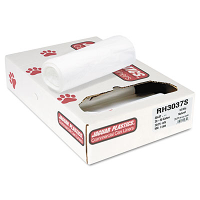 Jaguar Plastics INDUSTRIAL STRENGTH COMMERCIAL CORELESS ROLL CAN LINERS, 30 GAL, 16 MICRONS, 30" X 37", NATURAL, 500/CARTON (JAGRH3037S)