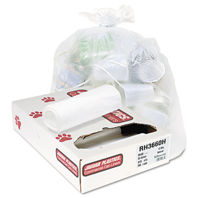 Jaguar Plastics INDUSTRIAL STRENGTH COMMERCIAL CORELESS ROLL CAN LINERS, 55 GAL, 13 MICRONS, 36" X 60", NATURAL, 200/CARTON (JAGRH3660H)