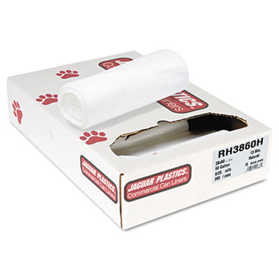 Jaguar Plastics INDUSTRIAL STRENGTH COMMERCIAL CORELESS ROLL CAN LINERS, 60 GAL, 13 MICRONS, 38" X 60", NATURAL, 200/CARTON (JAGRH3860H)