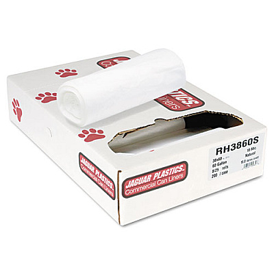 Jaguar Plastics INDUSTRIAL STRENGTH COMMERCIAL CORELESS ROLL CAN LINERS, 60 GAL, 16 MICRONS, 38" X 60", NATURAL, 200/CARTON (JAGRH3860S)