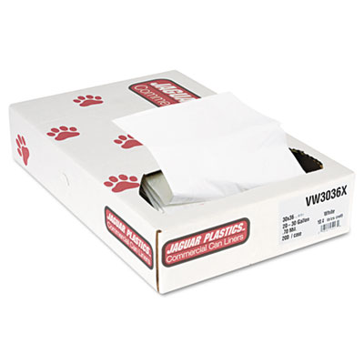 Jaguar Plastics INDUSTRIAL STRENGTH LOW-DENSITY COMMERCIAL CAN LINERS, 30 GAL, 0.7 MIL, 30" X 36", WHITE, 200/CARTON (JAGVW3036X)