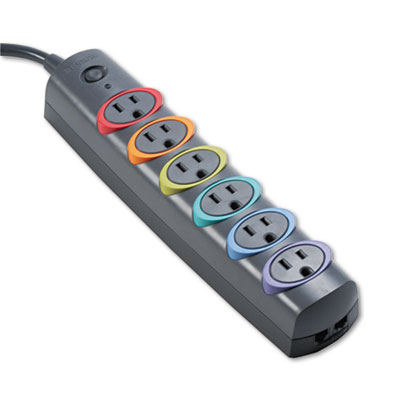 Kensington SmartSockets Color-Coded Strip Surge Protector, 6 AC Outlets, 6 ft Cord, 670 J, Gray (62146)