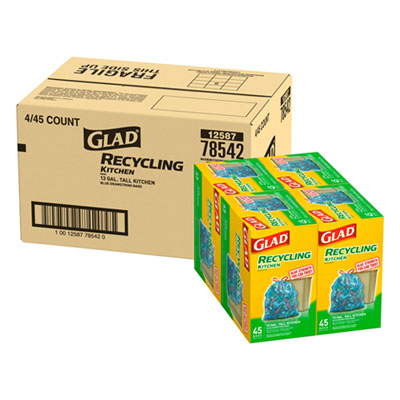 Glad Tall Kitchen Blue Recycling Bags, 13 gal, 0.9 mil, Blue, 180/Carton (78542)