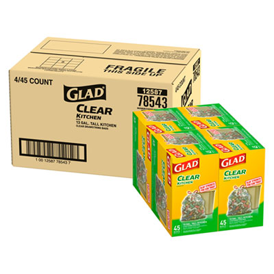 Glad Recycling Tall Kitchen Drawstring Trash Bags, 13 gal, 0.9 mil, 24" x 27.38", Clear, 180/Carton (78543CT)