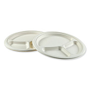 Boardwalk Bagasse Dinnerware, 3-Compartment Plate, 10" dia, White, 500/Carton (BWKPLATEWF3CM10)
