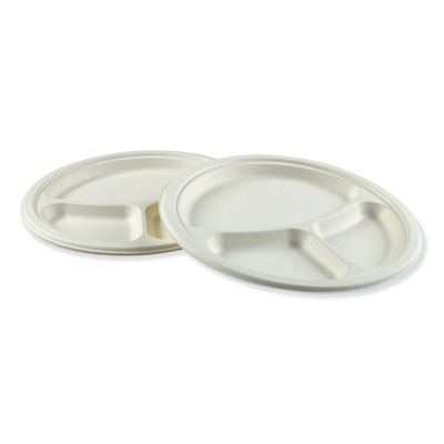 Boardwalk Bagasse Dinnerware, 3-Compartment Plate, 10" dia, White, 500/Carton (BWKPLATEWF3CM10)