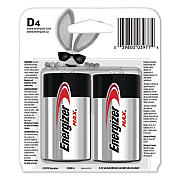Energizer MAX Alkaline D Batteries, 1.5 V, 4/Pack (E95BP4)