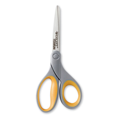 Westcott Titanium Bonded Scissors, 8" Long, 3.5" Cut Length, Gray/Yellow Straight Handle (13529)