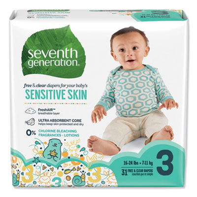 Seventh Generation Free and Clear Baby Diapers, Size 3, 16 lbs to 24 lbs, 124/Carton (44062)