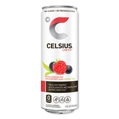 Celsius Live Fit Fitness Drink, Raspberry Acai Green Tea, 12 oz Can, 12/Carton (CLL01056)