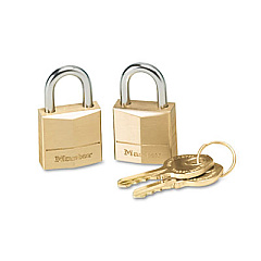 Master Lock Three-Pin Brass Tumbler Locks, 0.75" Wide, 2 Locks and 2 Keys, 2/Pack (120T)