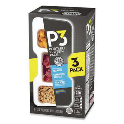 P3 PORTABLE PROTEIN PACK WITH PLANTERS PEANUTS, HONEY ROASTED PEANUTS/MAPLE HAM JERKY/SUNFLOWER KERNELS, 3/PACK (2830803)