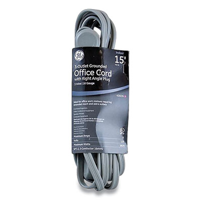 GE Three Outlet Power Strip, 15 ft Cord, Gray (43018)