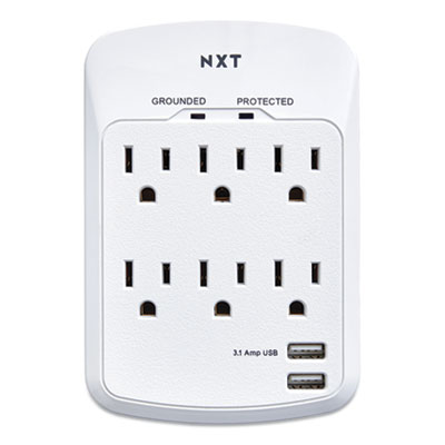 NXT Technologies Wall-Mount Surge Protector, 6 AC Outlets, 2 USB Ports, 1200 J, White (24324334)