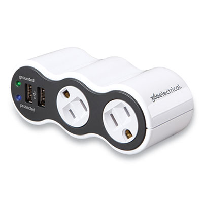 360 Electrical PowerCurve Mini 2.1 Surge Protector, 2 AC Outlets, 2 USB Ports, 306 J, White/Black (36053)