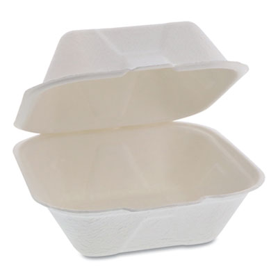 Pactiv Evergreen EarthChoice Bagasse Hinged Lid Container, Single Tab Lock, 6" Sandwich, 5.8 x 5.8 x 3.3, Natural, 500/Carton (YMCH00800001)