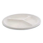 Pactiv Evergreen EarthChoice Compostable Fiber-Blend Bagasse Dinnerware, 3-Compartment Plate, 10" dia, Natural, 500/Carton (MC500440002)