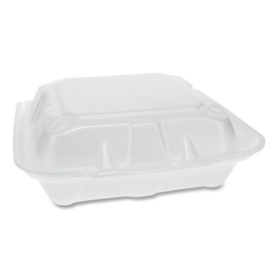 Pactiv Evergreen Vented Foam Hinged Lid Container, Dual Tab Lock, 3 Compartments, 8.4 x 8 x 3, White, 150/Carton (YTD188030000)