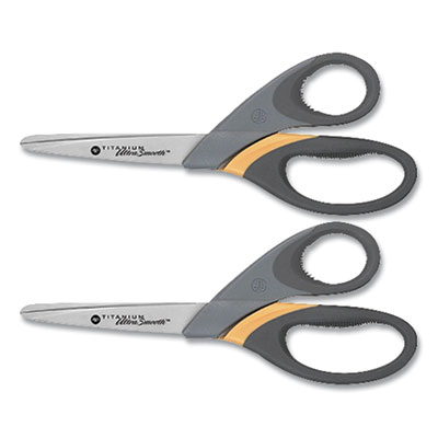 Westcott Titanium UltraSmooth Scissors, Blunt Tip, 8" Long, 3.5" Cut Length, Gray/Yellow Straight Handle, 2/Pack (14107)